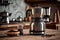 geyser coffee maker, with basket filled with freshly ground beans, on wooden countertop