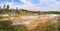 Geyser and hot spring in old faithful basin in Yellowstone National Park