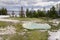 Geyser and hot spring in old faithful basin in Yellowstone National Park