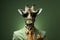 Ggiraffe with sunglasses wearing suit and tie on solid green background. Generative AI