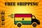 Ghana Logistics Concept. black Commercial Industrial Cargo Delivery Van Truck Loaded with Cardboard Box with Free Shipping Sign