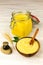 Ghee or clarified butter in jar. Healthy eating and using organic fresh made products. Healthy ingredient for cooking organic meal