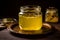 Ghee or clarified butter in jar on wooden table .AI generative