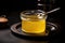 Ghee or clarified butter in jar on wooden table .AI generative