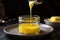 Ghee or clarified butter in jar on wooden table .AI generative