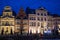 Ghent, Belgium; 11/1/2018: Typical colorful belgian houses in a canal of Lys river Leie during the night