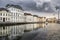 Ghent, Belgium - March 28, 2019: View of the historical Korenlei in the center of town