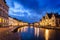 Ghent canal, Graslei and Korenlei streets in the evening. Ghent,