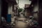 Ghetto city back alley with dirt rubbish and poor residental houses. Neural network generated art