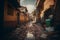 Ghetto city back alley with dirt rubbish and poor residental houses. Neural network generated art