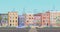 Ghetto landscape vector illustration, cartoon flat neighborhood cityscape with slum city street and dirty shanty houses