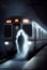 The ghost in front of subway train. Horrors, nightmares, driving safety