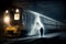 The ghost in front of subway train. Horrors, nightmares, driving safety