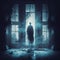 Ghost in haunted house for spooky Halloween. Scary creepy ghostly spirit in night fog for National Paranormal Day. Generative AI