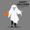 Ghost holding pumpkin cartoon halloween character flat copy space full length