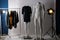 Ghost mannequins, clothes and lighting equipment in modern photo studio