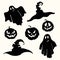 Ghost, pumpkin lantern and witch hat stencil on white