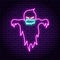 Ghost purple neon sign. Against the background of a brick wall. Halloween. Angry, open mouth with teeth