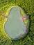 Ghost shaped drone landscape. Top down aerial view of a small pond in the middle of a forest, reflecting clouds in the sky. Bird v