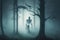 ghost skeleton floating through dark and eerie misty forest