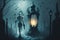 ghost skeleton walking through misty graveyard, with lantern in hand