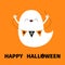 Ghost spirit holding bunting flag Boo. Happy Halloween. Cute cartoon kawaii spooky character. Flying scary white ghosts. Smiling