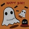 Ghost spirits with black hat and the bats and text happy boo on brown background