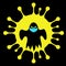 Ghost wearing mask with yellow corona virus icon on black background.