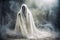 A ghost in a white cloth with creepy eyes in a scary room, halloween. Generative AI