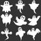Ghost, white ghosts on a black background. Cartoon ghosts. Flat design