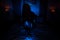 Ghost woman in haunted hotel with blue filter, halloween concept