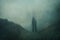 A ghostly blurred hooded figure. standing in a valley on a foggy evening. With a grunge, textured edit