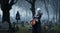 A ghostly figure in a graveyard playing a violin