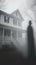 a ghostly figure is standing in front of a house in the fog