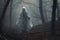 Ghostly Figure Walking Through a Dark Forest