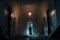 Ghostly hooded figure haunts halls of an abandoned mansion, horror story scene. Generative AI illustration
