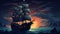 ghostly pirate ship, ghost boat, halloween background, 2d cartoon illustration, generative ai