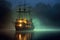 ghostly pirate ship illuminated by moonlight, drifting through fog