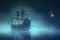 ghostly pirate ship illuminated by moonlight, drifting through fog