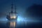 ghostly pirate ship illuminated by moonlight, drifting through fog