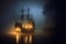 ghostly pirate ship sailing through a dense fog at night