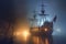 ghostly pirate ship sailing through a dense fog at night