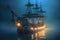 ghostly pirate ship sailing through a dense fog at night
