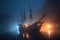 ghostly pirate ship sailing through a dense fog at night
