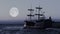 Ghostly pirate ship sailing towards horizon in endless blue ocean, moon in sky