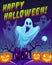 Ghosts poster. Happy halloween funny cute spirit characters, flying ghost monsters and pumpkins. Cartoon holiday card