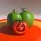 A ghoulish tomatos with eyes and teeth resembling a Halloween decoration. AI generated