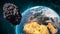 Giant asteroid cruising near Planet Earth scenery or spacescape. Outer space landscape and astronomy 3D rendering illustration.