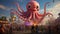 A giant balloon octopus with waving tentacles, playfully interacting with children at a fair