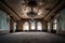 giant ballroom, with dusty chandeliers and broken windows, from abandoned hotel